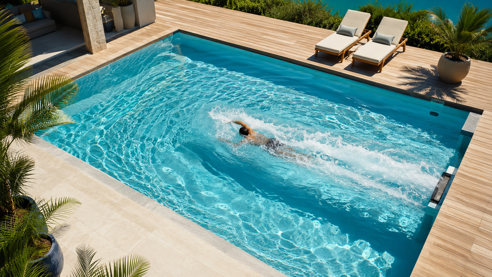 Swimmer training against a powerful counter-current in a backyard pool
