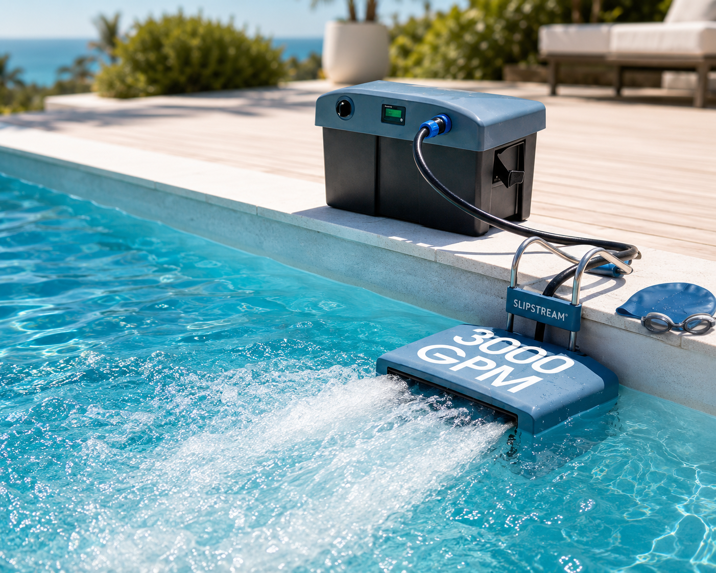 Slipstream portable swim machine hanging on a pool deck