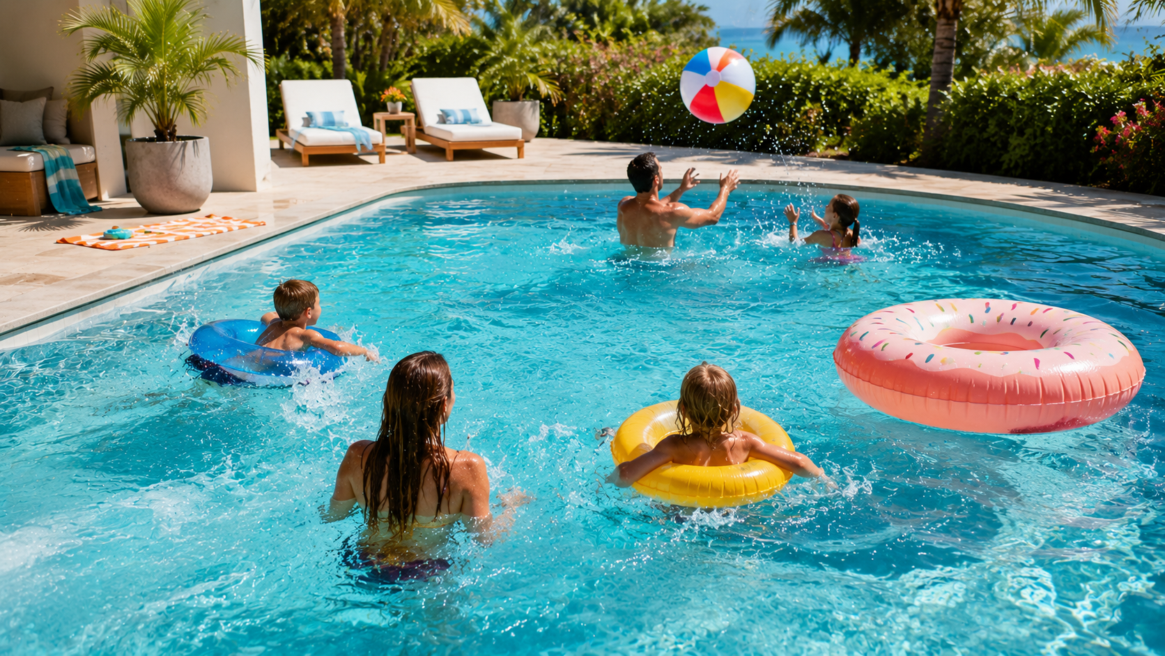 Family enjoying the pool with a gentle swim jet current